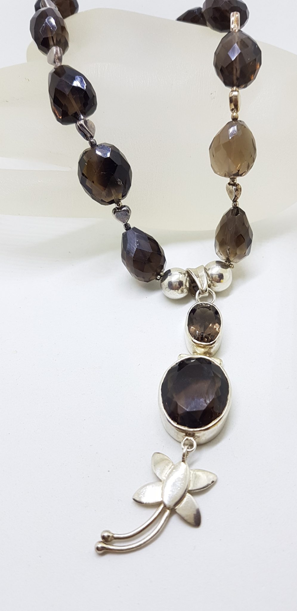 Sterling Silver with Dragonfly Ornate Smokey Quartz Bead Chain / Necklace