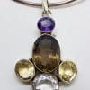 Sterling Silver Large Smokey Quartz, Amethyst, Clear Crystal Quartz and Citrine Pendant on Silver Choker Necklace