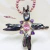 Sterling Silver Very Large Black Pearl, Pink Cubic Zirconia and Amethyst Cross / Crucifix Pendant on Pearl Necklace / Chain
