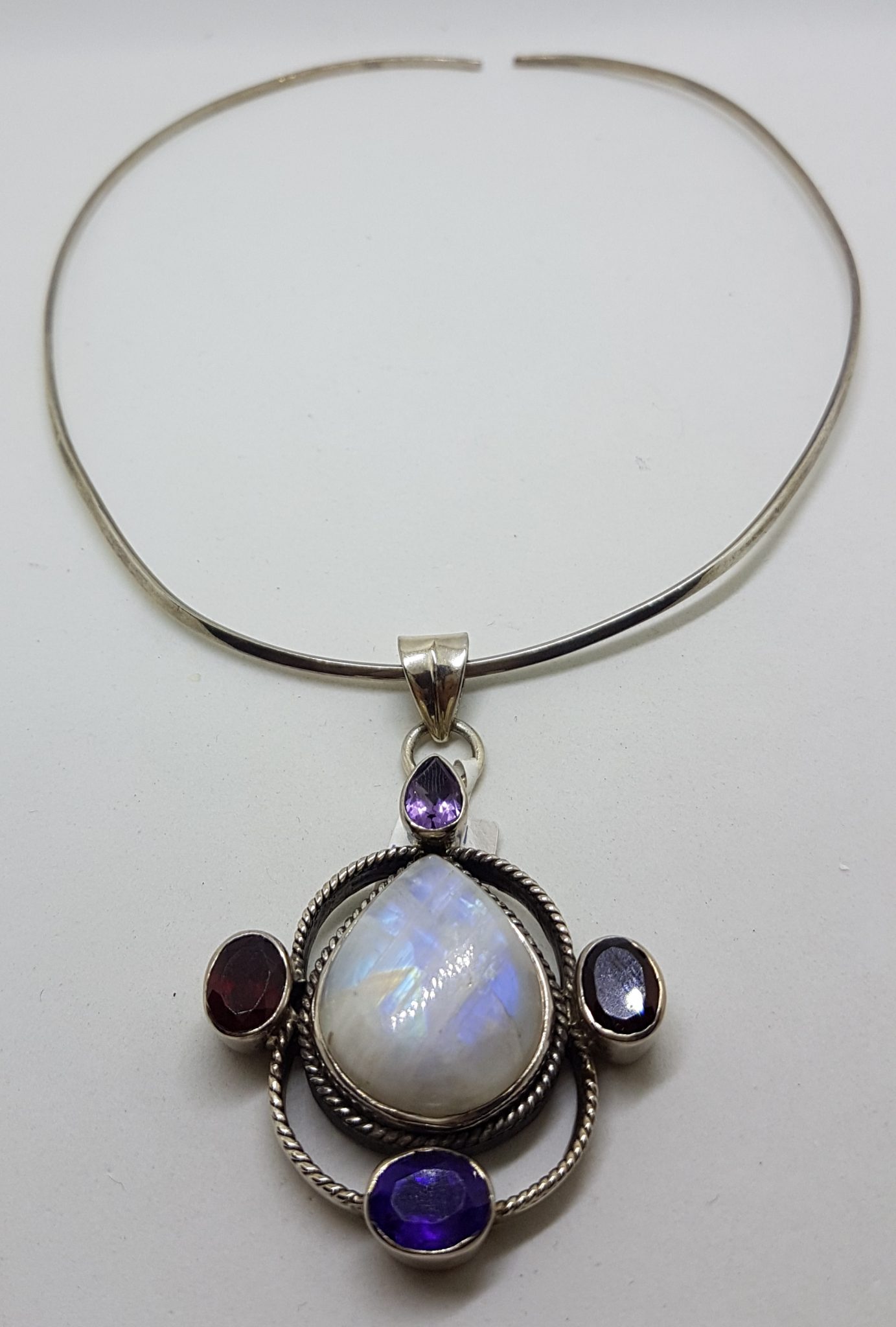Sterling Silver Large Moonstone, Amethyst and Garnet Pendant on Silver Choker Necklace / Chain