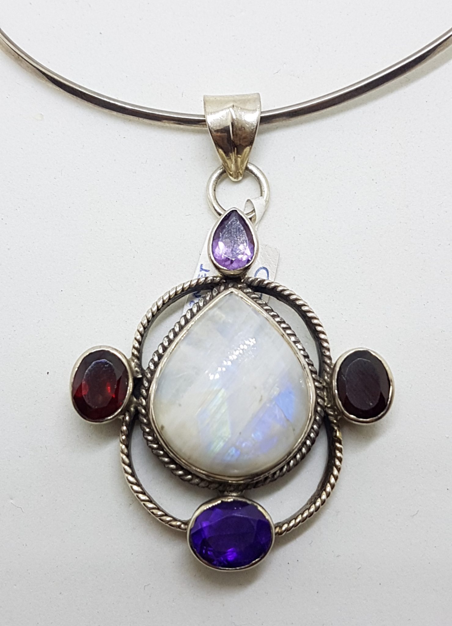 Sterling Silver Large Moonstone, Amethyst and Garnet Pendant on Silver Choker Necklace / Chain