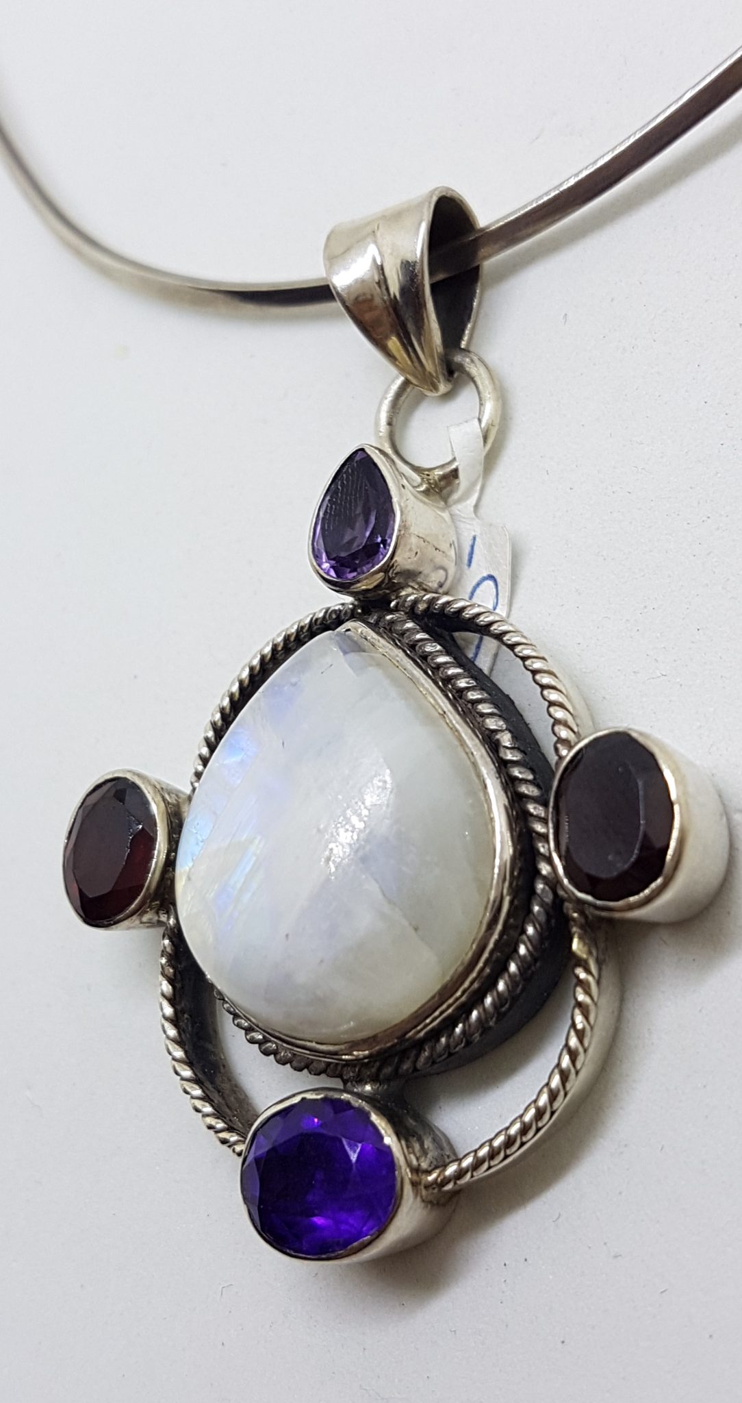 Sterling Silver Large Moonstone, Amethyst and Garnet Pendant on Silver Choker Necklace / Chain