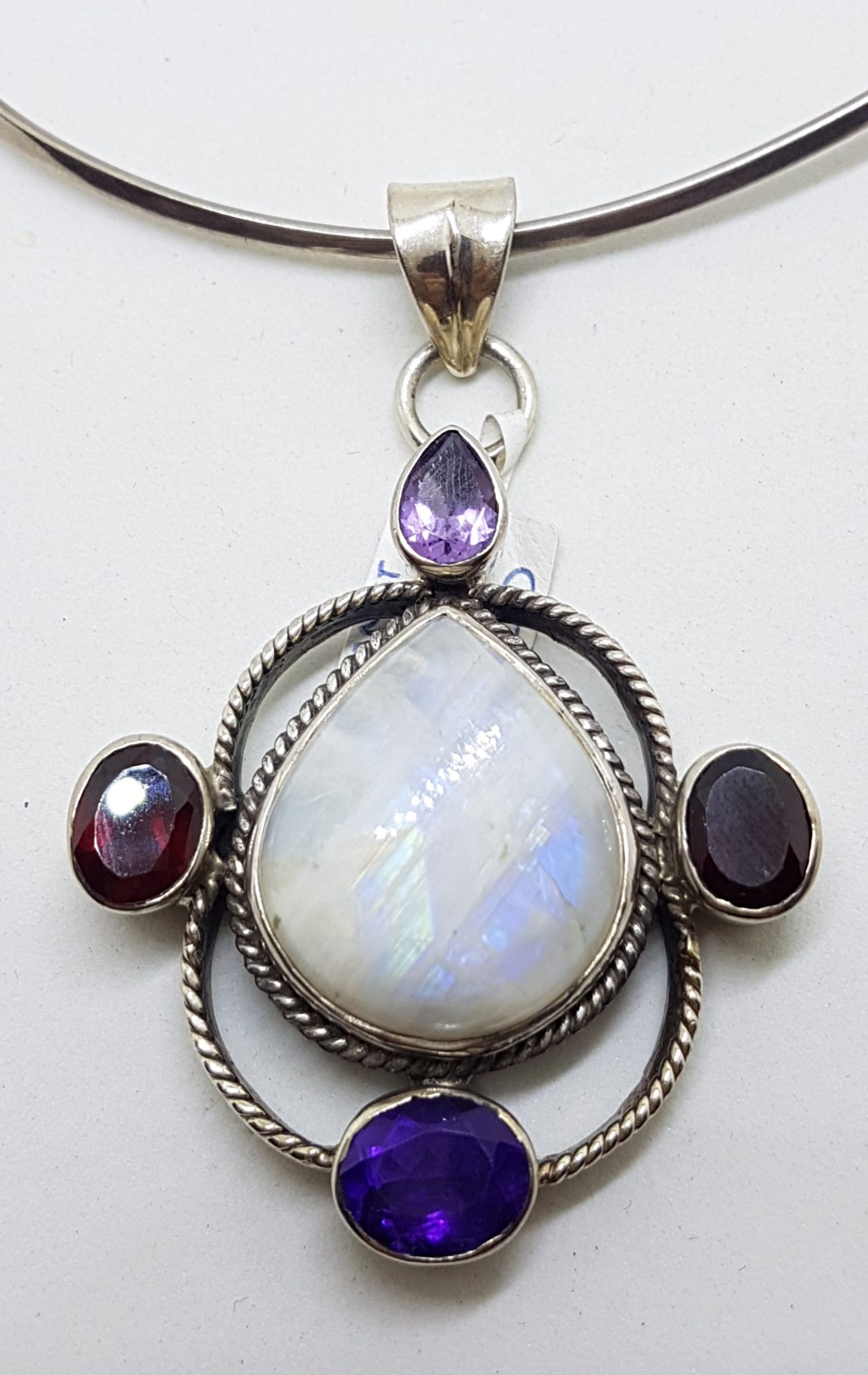Sterling Silver Large Moonstone, Amethyst and Garnet Pendant on Silver Choker Necklace / Chain