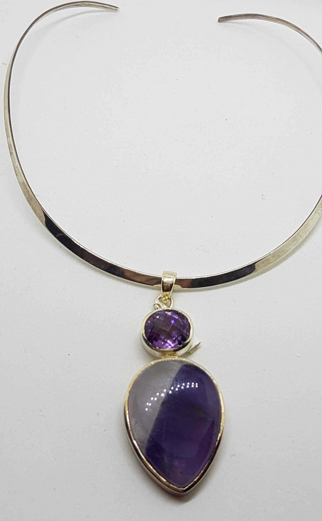 20200802_111912 Sterling Silver Large Teardrop Shaped Cabochon Amethyst with Oval Faceted Amethyst Pendant on Sterling Silver Choker
