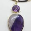 Sterling Silver Large Teardrop Shaped Cabochon Amethyst with Oval Faceted Amethyst Pendant on Sterling Silver Choker