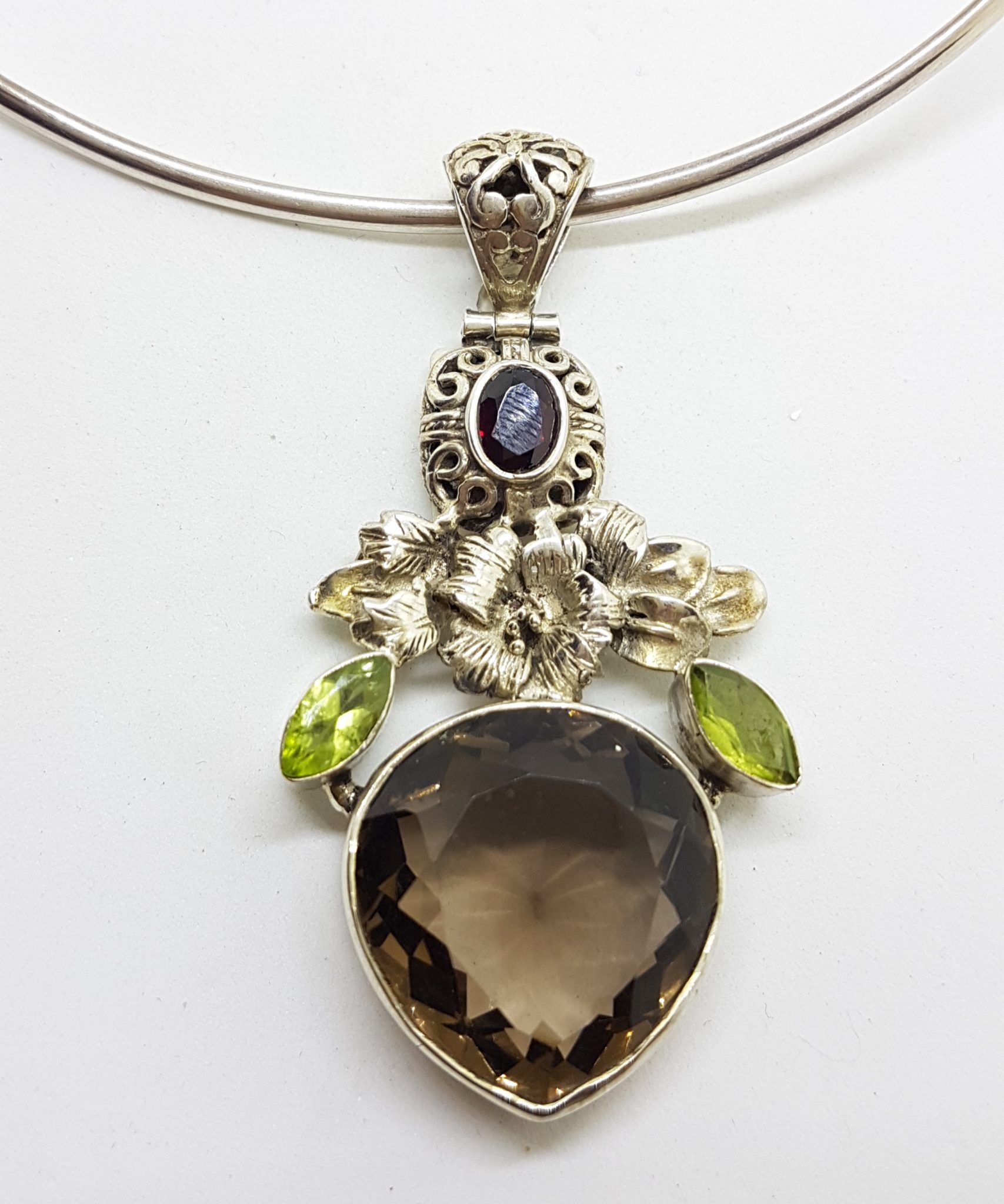 Sterling Silver Large Pear Shape / Teardrop Smokey Quartz and Peridot Floral Pendant on Silver Choker Chain / Necklace