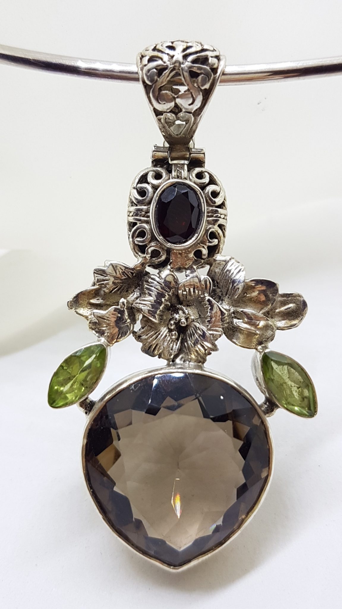Sterling Silver Large Pear Shape / Teardrop Smokey Quartz and Peridot Floral Pendant on Silver Choker Chain / Necklace