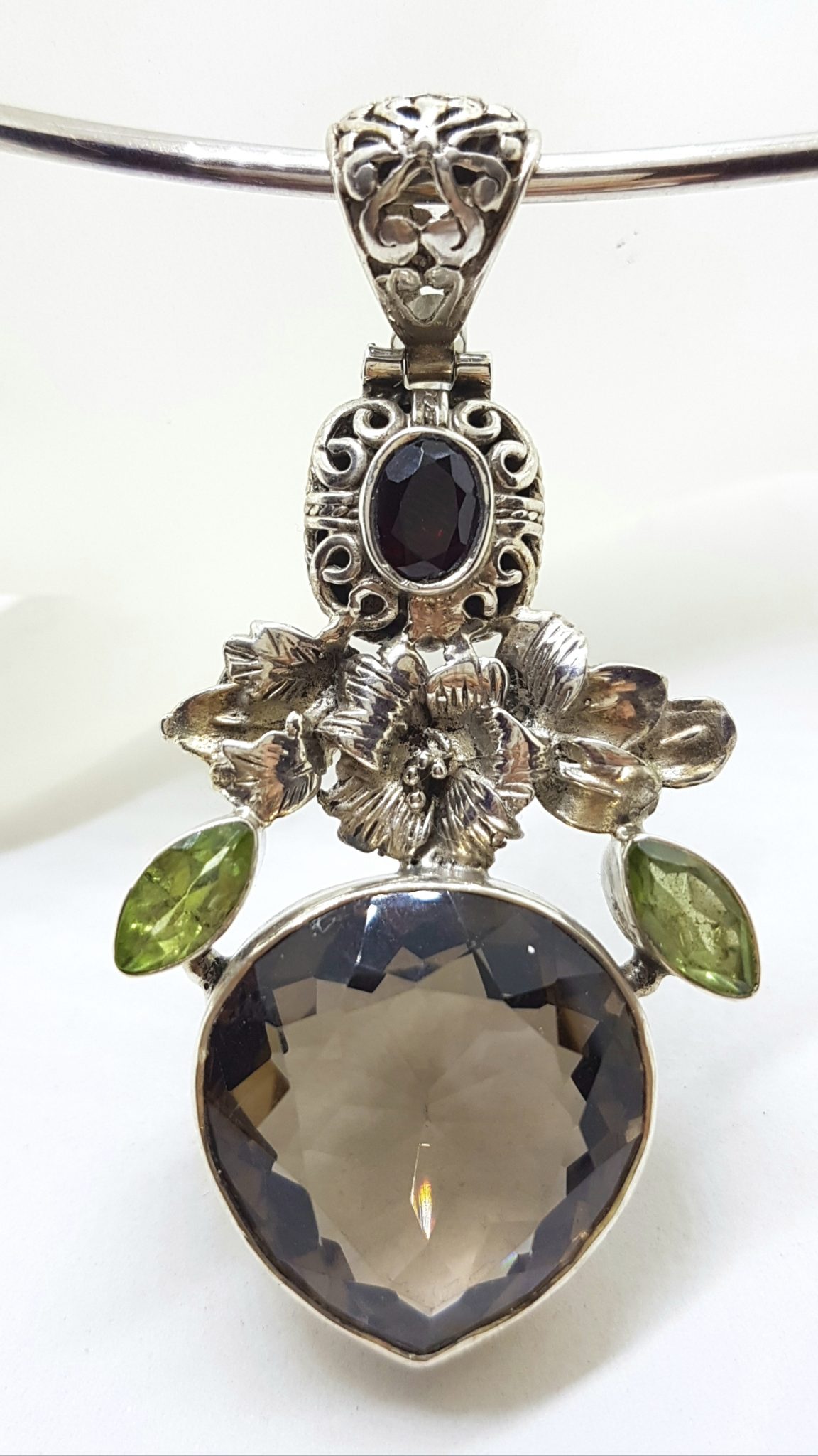 Sterling Silver Large Pear Shape / Teardrop Smokey Quartz and Peridot Floral Pendant on Silver Choker Chain / Necklace