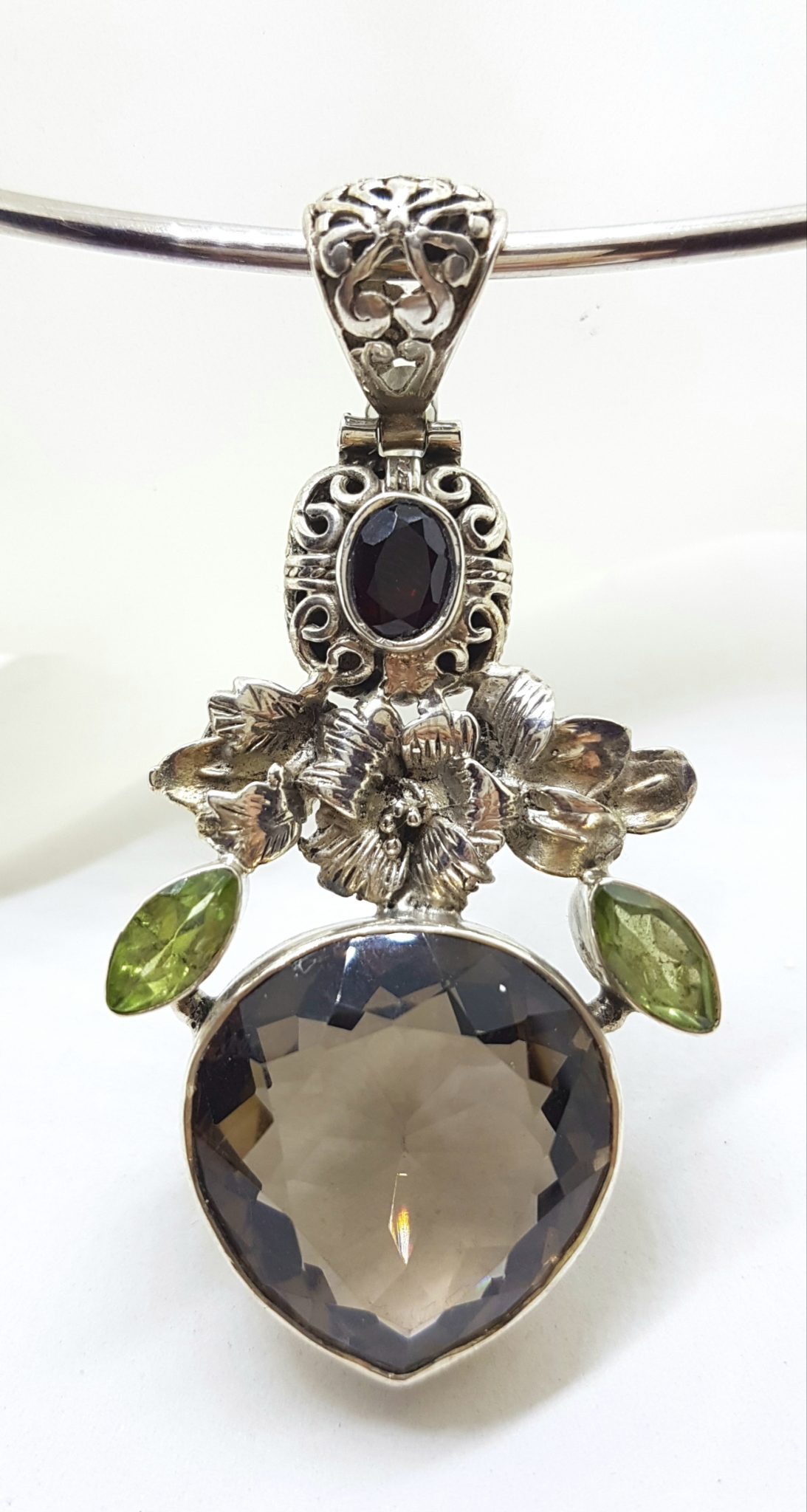 Sterling Silver Large Pear Shape / Teardrop Smokey Quartz and Peridot Floral Pendant on Silver Choker Chain / Necklace