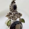 Sterling Silver Large Pear Shape / Teardrop Smokey Quartz and Peridot Floral Pendant on Silver Choker Chain / Necklace