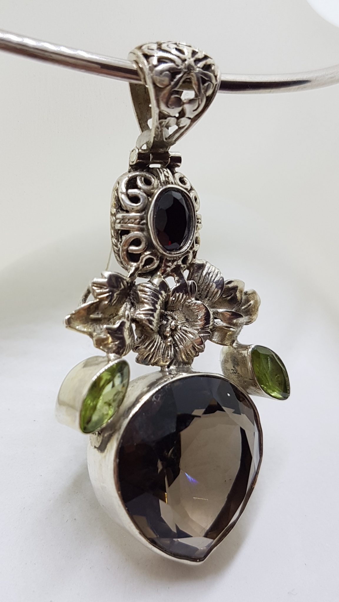 Sterling Silver Large Pear Shape / Teardrop Smokey Quartz and Peridot Floral Pendant on Silver Choker Chain / Necklace
