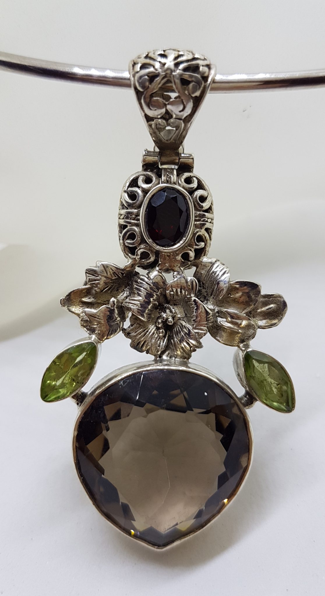 Sterling Silver Large Pear Shape / Teardrop Smokey Quartz and Peridot Floral Pendant on Silver Choker Chain / Necklace