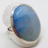 Sterling Silver Large Oval Blue Banded Agate Ring