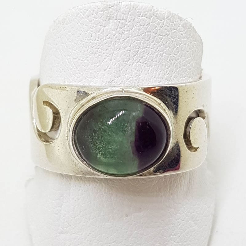 20200802_113516 Sterling Silver Wide Oval Fluorite Wave Design Band Ring - Ladies / Gents