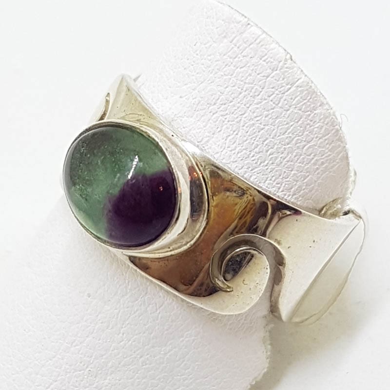 20200802_113533 Sterling Silver Wide Oval Fluorite Wave Design Band Ring - Ladies / Gents