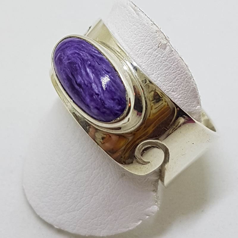 20200802_113621 Sterling Silver Wide Oval Charoite Wave Design Band Ring - Ladies / Gents