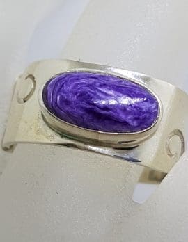 Sterling Silver Wide Oval Charoite Wave Design Band Ring - Ladies / Gents