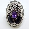 Sterling Silver Very Large Oval Ornate Filigree Art Deco / Art Nouveau Design Onyx, Garnet and Amethyst Ring