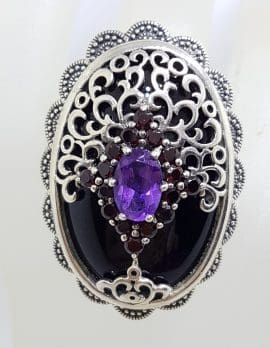 Sterling Silver Very Large Oval Ornate Filigree Art Deco / Art Nouveau Design Onyx, Garnet and Amethyst Ring
