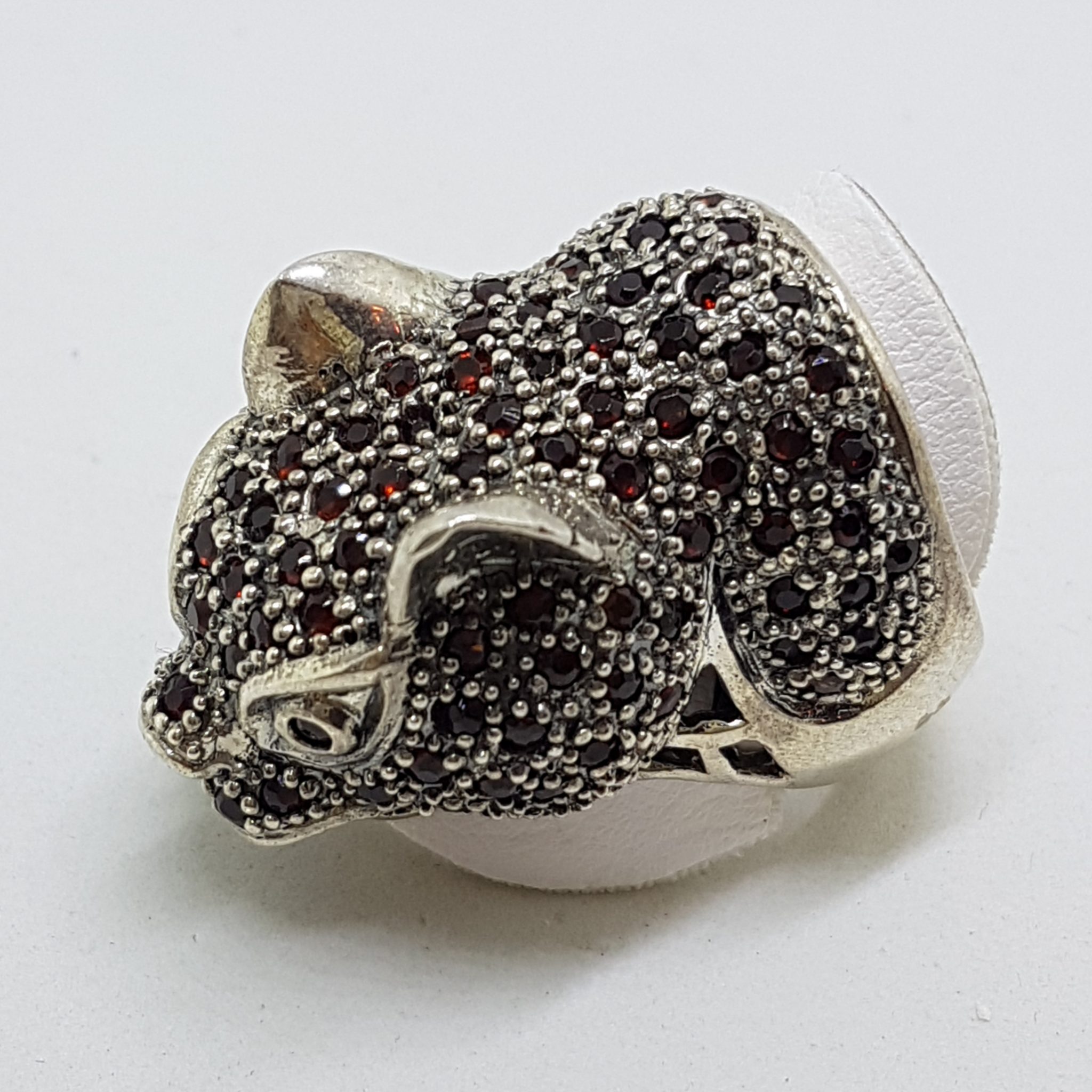 Sterling Silver Large Garnet Cat / Panther / Leapard Head Ring