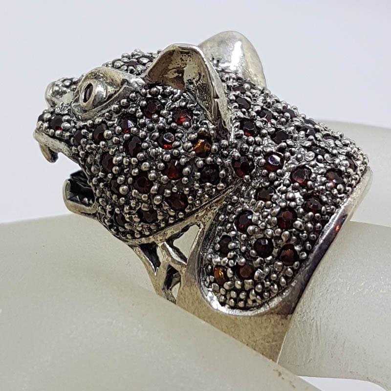 Sterling Silver Large Garnet Cat / Panther / Leapard Head Ring