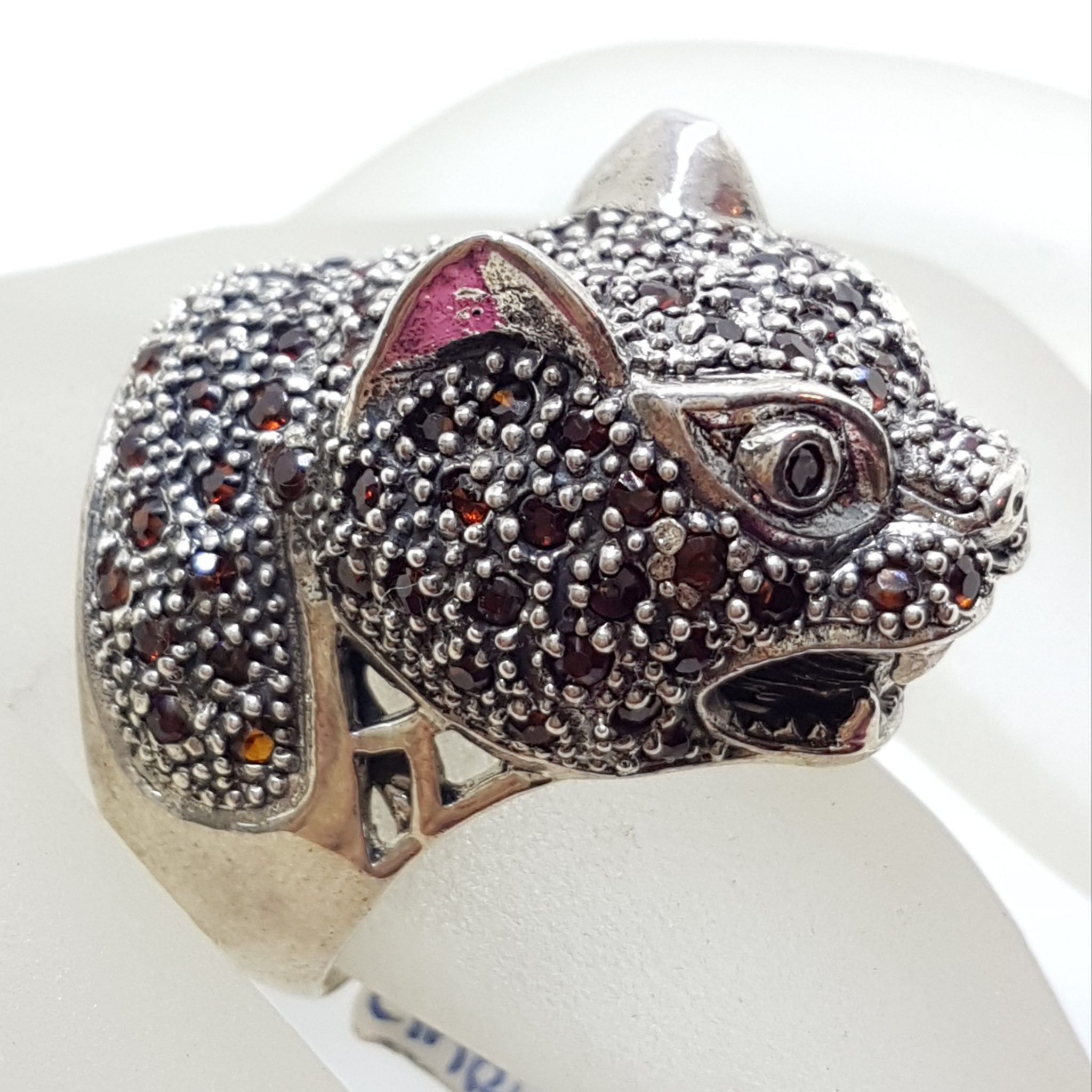 Sterling Silver Large Garnet Cat / Panther / Leapard Head Ring