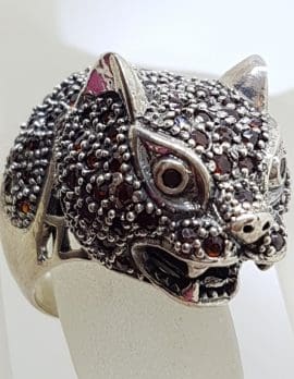 Sterling Silver Large Garnet Cat / Panther / Leapard Head Ring