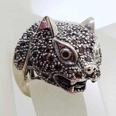 Sterling Silver Large Garnet Cat / Panther / Leapard Head Ring
