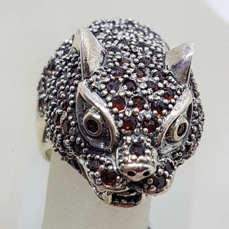 Sterling Silver Large Garnet Cat / Panther / Leapard Head Ring