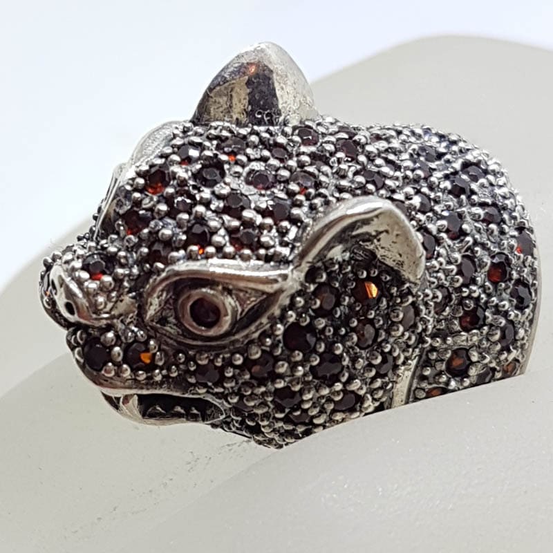 Sterling Silver Large Garnet Cat / Panther / Leapard Head Ring