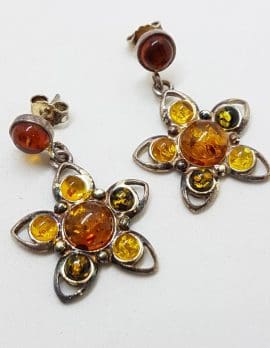 Sterling Silver Multi-Colour Natural Baltic Amber Large Flower Cluster Drop Earrings