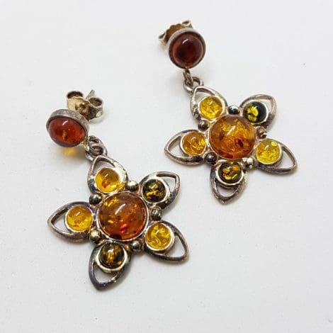 Sterling Silver Multi-Colour Natural Baltic Amber Large Flower Cluster Drop Earrings