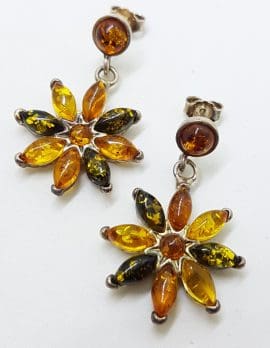 Sterling Silver Multi-Colour Natural Amber Long Flower Cluster Drop Earrings *SOLD*
