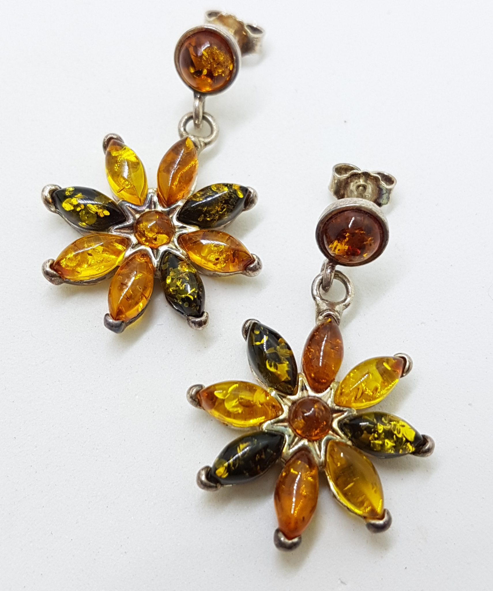 Sterling Silver Multi-Colour Natural Amber Long Flower Cluster Drop Earrings *SOLD*