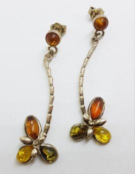 Sterling Silver Multi-Colour Natural Amber Long Cluster Drop Earrings