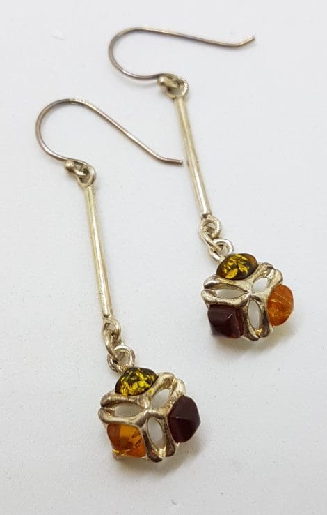 Sterling Silver Multi-Colour Natural Amber Long Cluster Drop Earrings