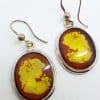 Sterling Silver Natural Baltic Amber Large Oval Carved Cameo Drop Earrings