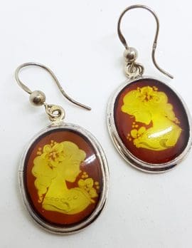 Sterling Silver Natural Baltic Amber Large Oval Carved Cameo Drop Earrings
