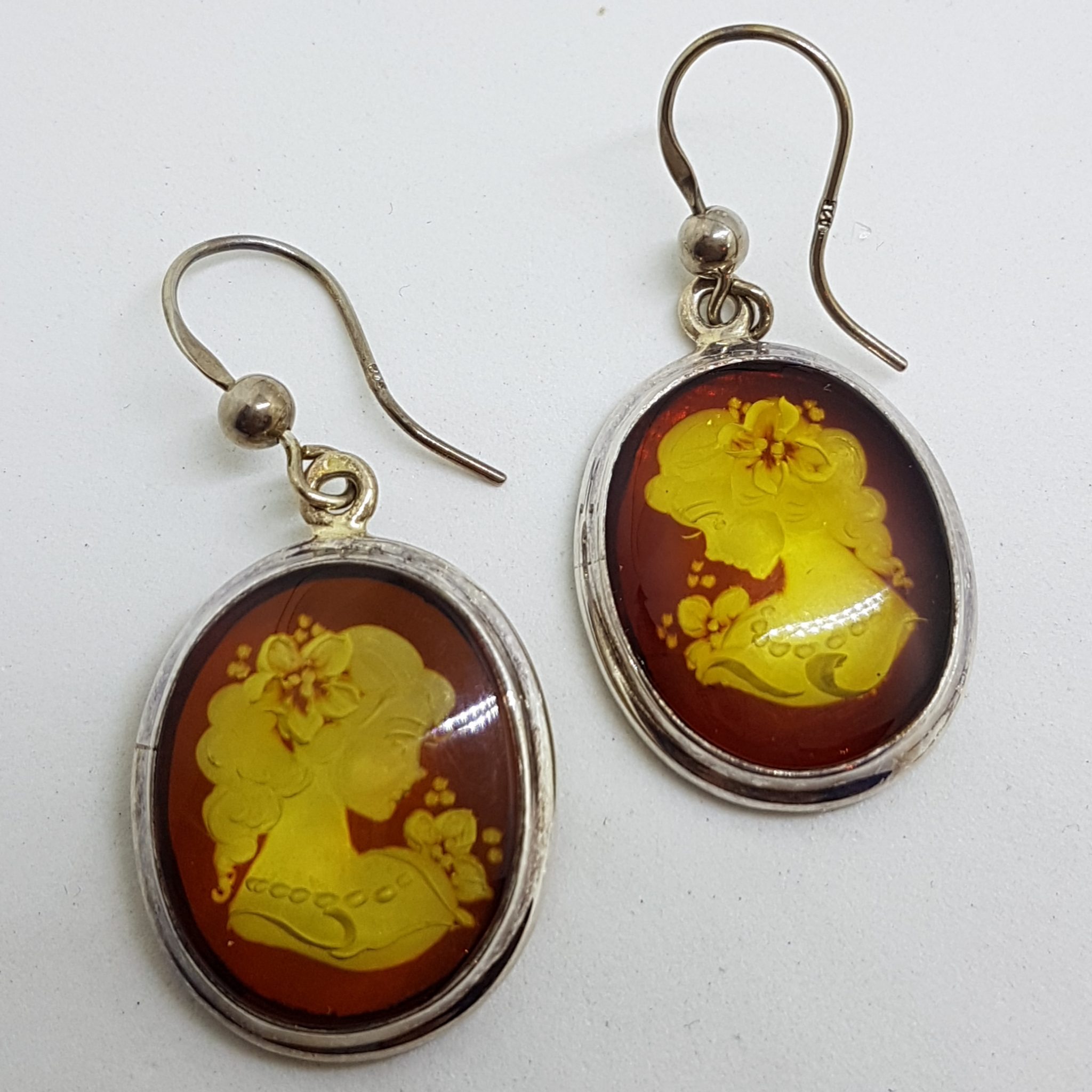 Sterling Silver Natural Baltic Amber Large Oval Carved Cameo Drop Earrings