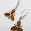 Sterling Silver Natural Amber Leaf Cluster Drop Earrings