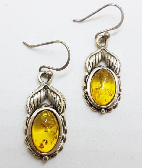 Sterling Silver Natural Baltic Amber Oval Leaf Design Drop Earrings