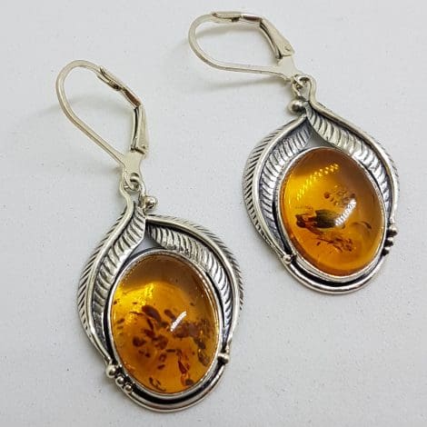 Sterling Silver Large Natural Baltic Amber Oval Leaf Design Drop Earrings