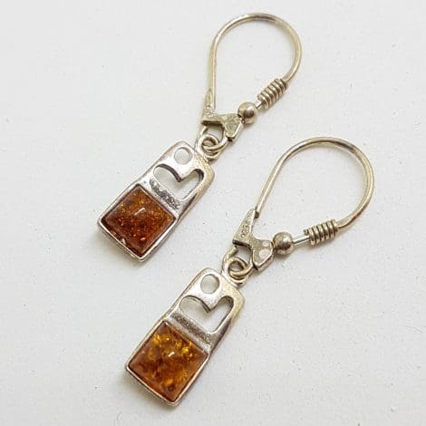 Sterling Silver Natural Baltic Amber Square on Rectangular Drop Earrings