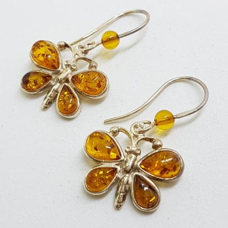 Sterling Silver Natural Baltic Amber Butterfly Drop Earrings