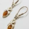 Sterling Silver Natural Amber Long Marquis Drop Earrings