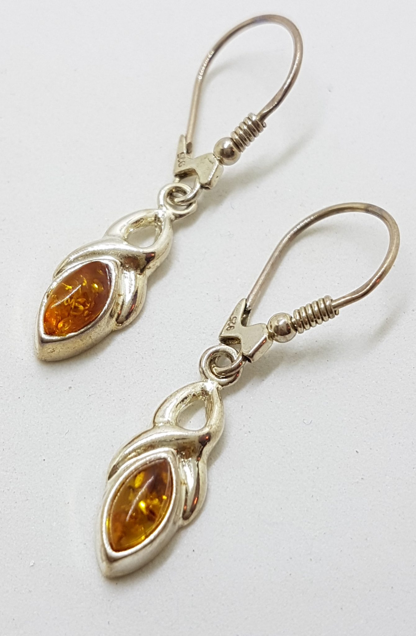 Sterling Silver Natural Amber Long Marquis Drop Earrings