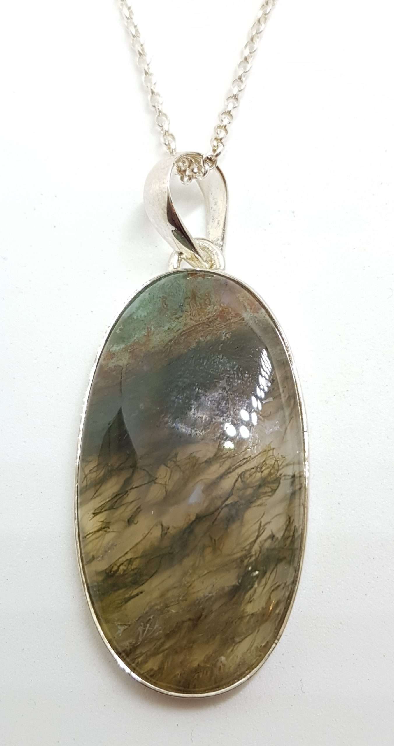 Sterling Silver Large Oval Moss Agate Pendant on Silver Chain