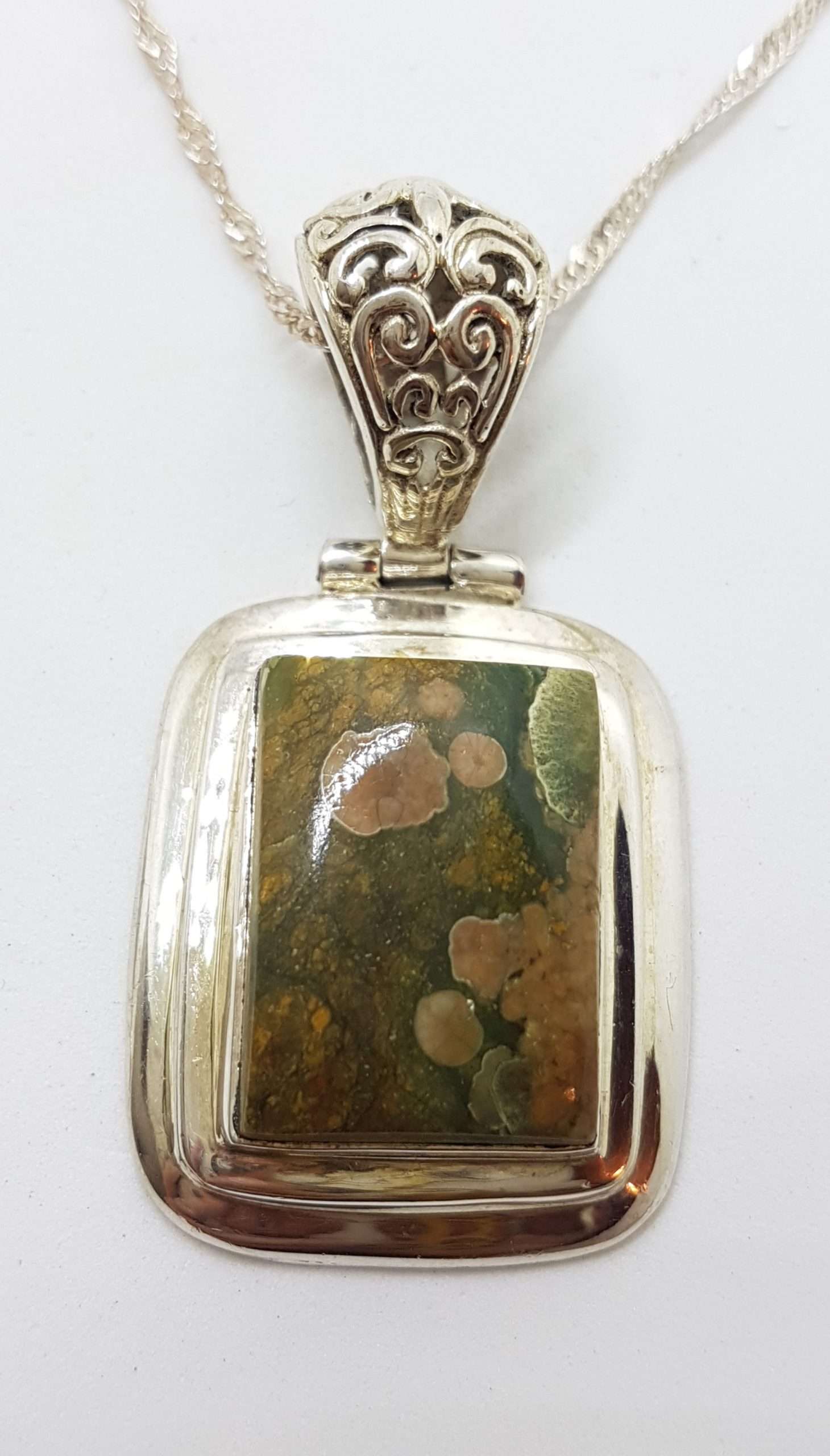 Sterling Silver Rectangular Green Jasper Pendant on Silver Chain