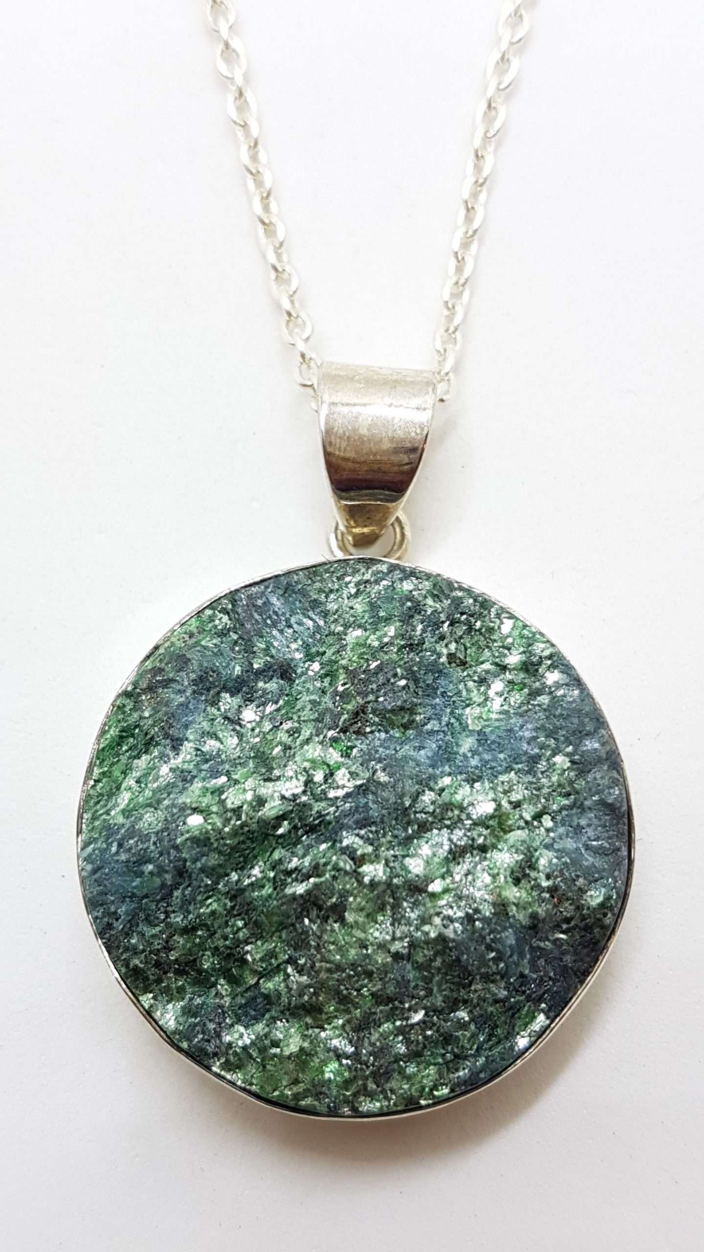Sterling Silver Large Round Fuchsite Pendant on Silver Chain