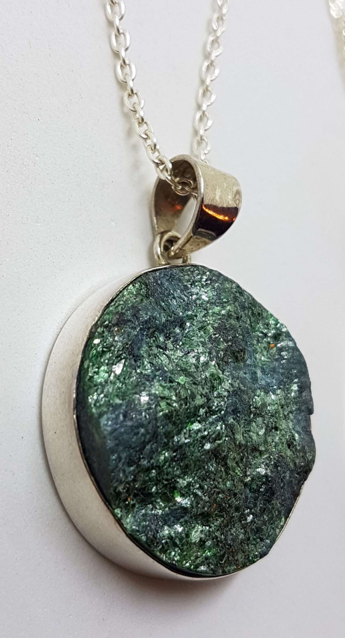Sterling Silver Large Round Fuchsite Pendant on Silver Chain